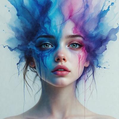 The primary subject of the image is a woman with a unique and artistic appearance. She has a blue and pink head of hair, and her eyes are painted with a blue and pink color scheme. The setting is a white background, which provides a clean and minimalist look to the image. The visual style is a combination of digital art and illustration, creating a striking and eye-catching portrait. The colors and mood of the image are vibrant and lively, with the blue and pink hues evoking
